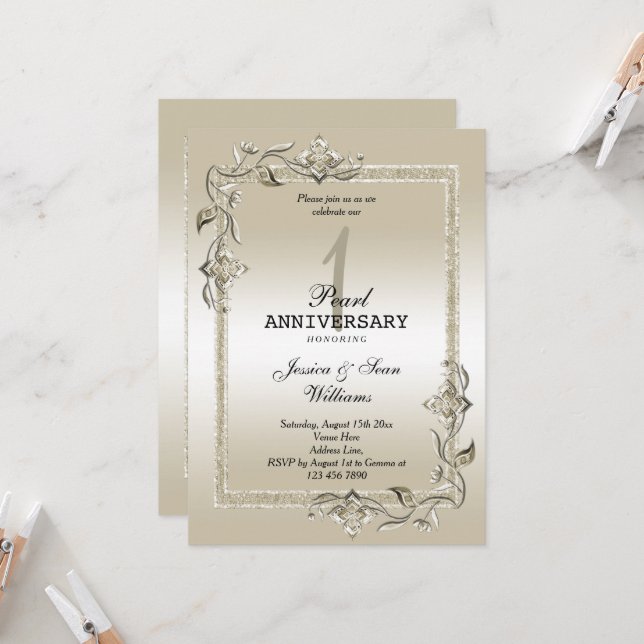 Invitation Perle Gem & Glitter 1er Anniversaire de Mariage (Devant/Arrière en situation)