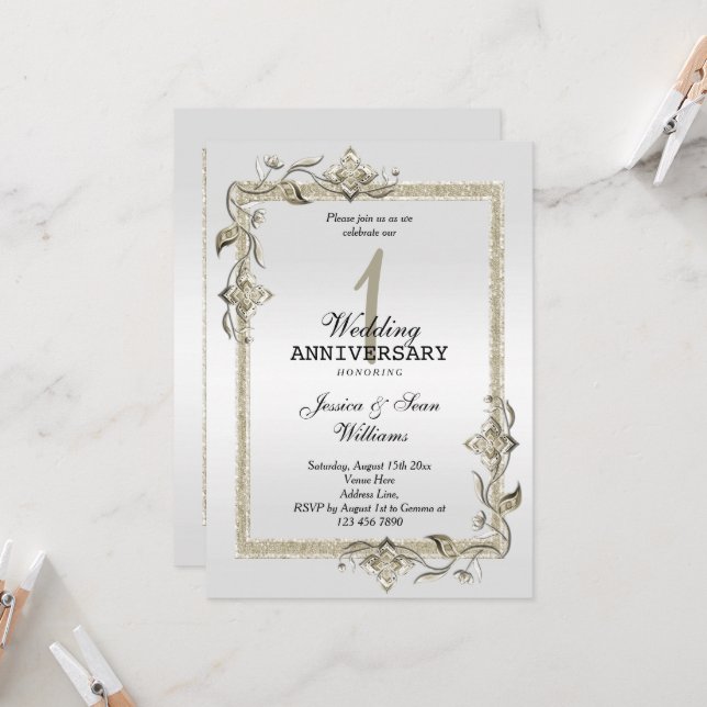 Invitation Perle Gemme & Paillettes & Platine 1er Mariage (Devant/Arrière en situation)