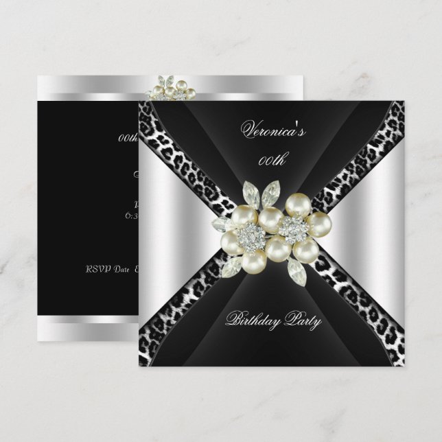 Invitation Perle Léopard Argent Noir Bijou Fête d'Anniversair (Devant / Derrière)