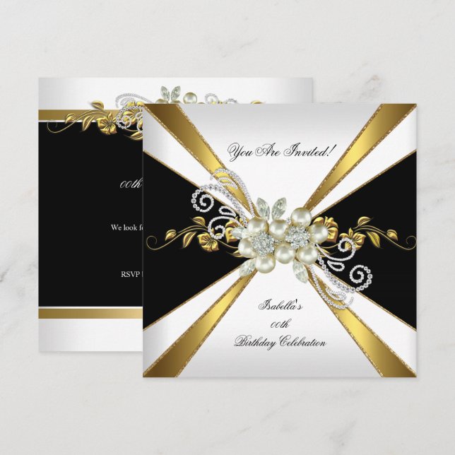 Invitation Perle Noir Or Argent Diamant Fête d'anniversaire 2 (Devant / Derrière)