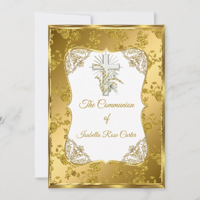 Invitation Perle Or Blanc Croix Sainte communion rose Damas (Devant)