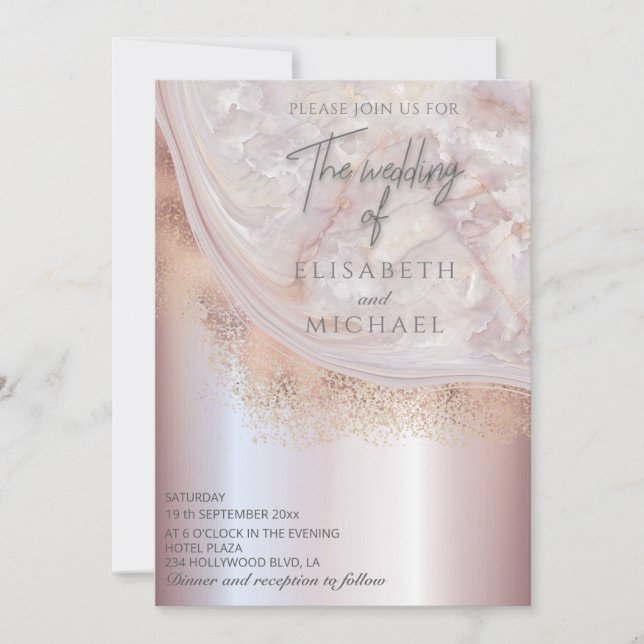 Invitation Perle or rose marbre agate calligraphie métallique (Devant)