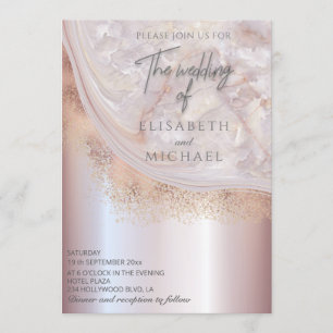 Invitation Perle or rose marbre agate calligraphie métallique