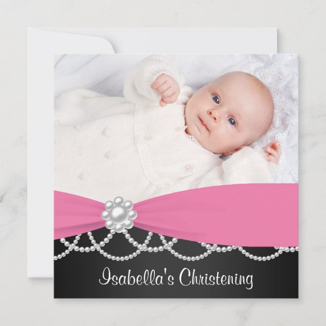 Invitation Perle rose Filles noires roses Christening Photo I (Devant)