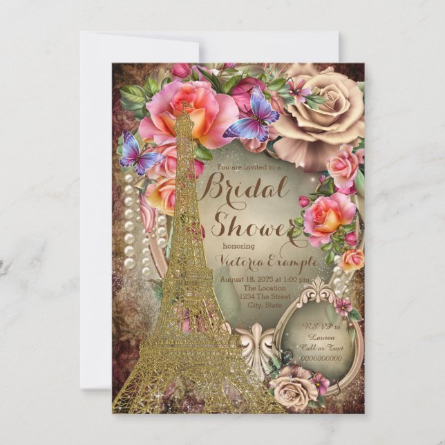 Invitation Perle Rose Vintage Paris Réception de Mariage (Devant)