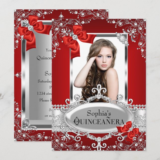 Invitation Perle Rouge & Nœud de Soie Glamour Quinceanera (Devant / Derrière)