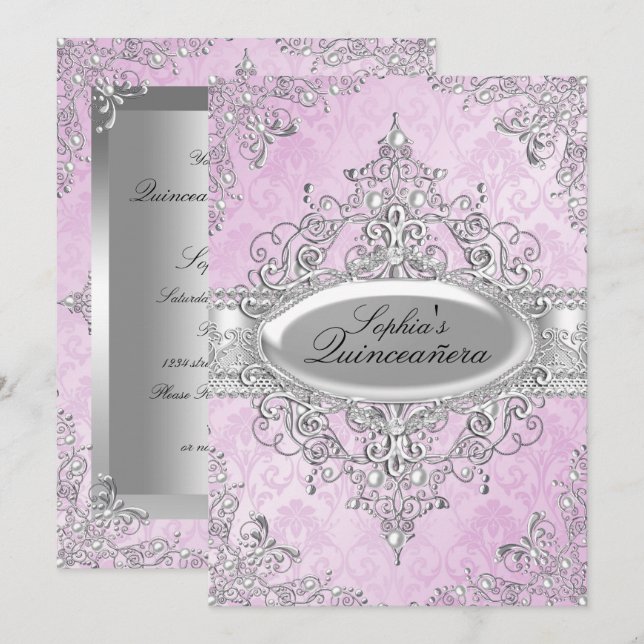 Invitation Perle Vintage Glamour Rose Quinceanera (Devant / Derrière)