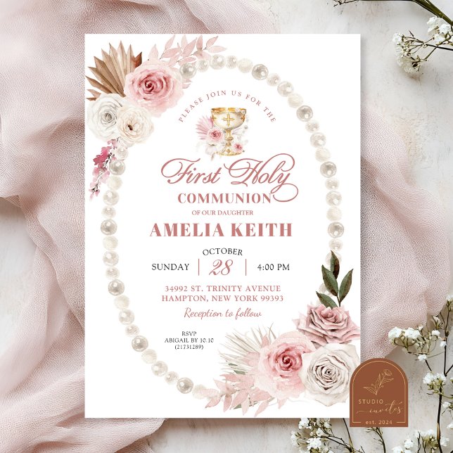 Invitation Perles à ruban rose Première Sainte Communion Bapt (Créateur téléchargé)