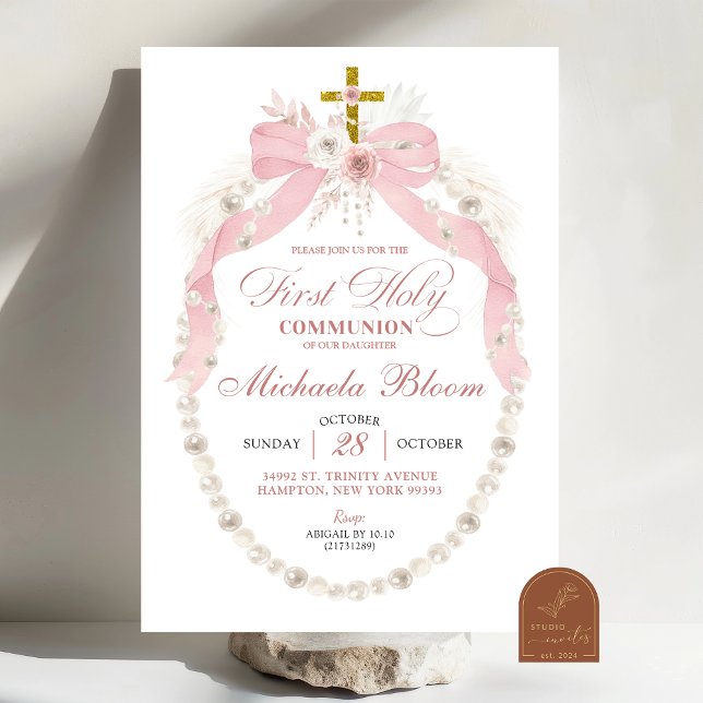 Invitation Perles à ruban rose Première Sainte Communion Bapt (Créateur téléchargé)