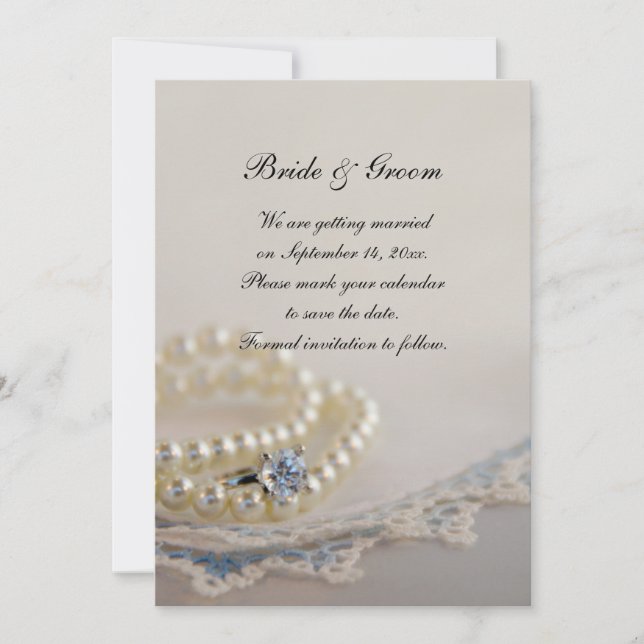 Invitation Perles, anneau et mariage en dentelle bleue Enregi (Devant)