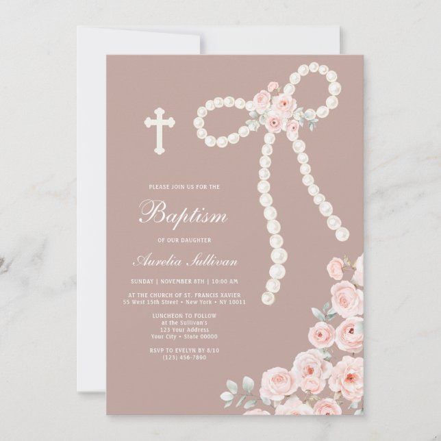 Invitation Perles Arc et Roses sur Baptême Taupe (Devant)