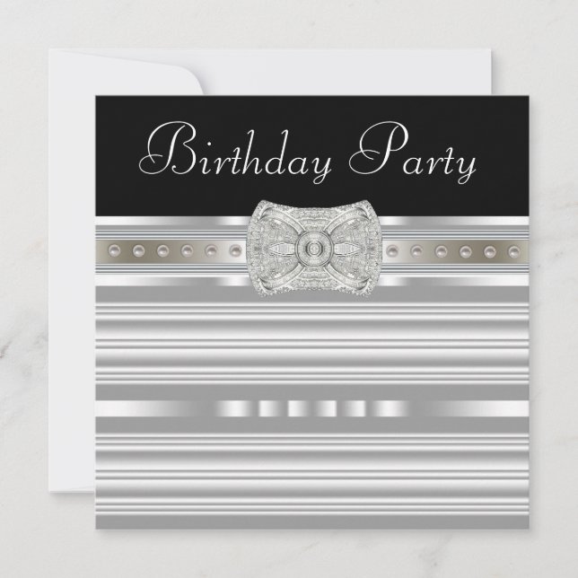 Invitation Perles Argentées Noires Fête d'Anniversaire de Fem (Devant)