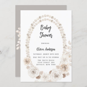 Invitation Perles beige et blanc et fleurs Baby shower Inv