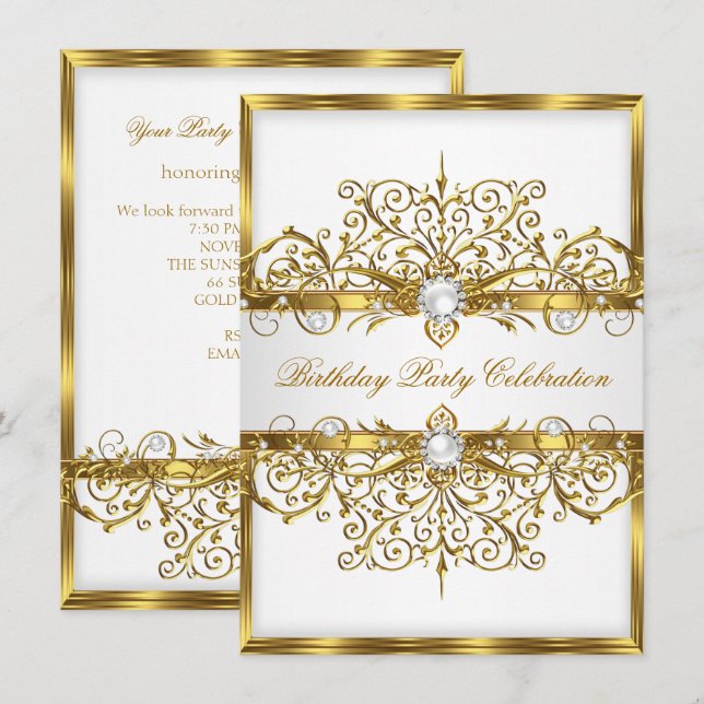 Invitation Perles Blanc Or Elégant Fête d'anniversaire 2 (Devant / Derrière)