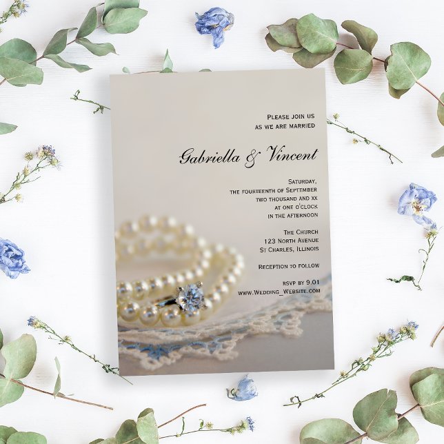 Invitation Perles blanches, Anneau de diamant et Mariage de d (Set an elegant tone for your marriage with the Pearls, Diamond Ring and Blue Lace Wedding Invitation)