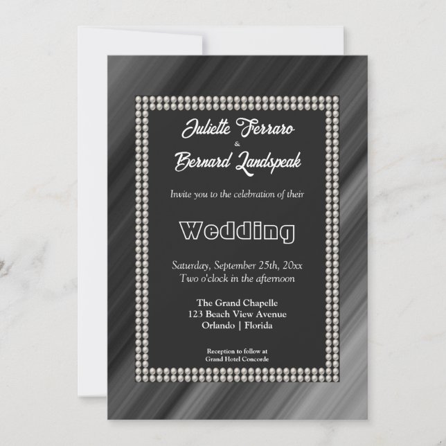 Invitation Perles Blanches, Mariage Rétro Noir & Blanc (Devant)