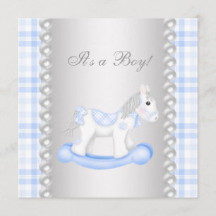 Invitation Perles Blue En vichy Rocking Horse Baby Boy Douche