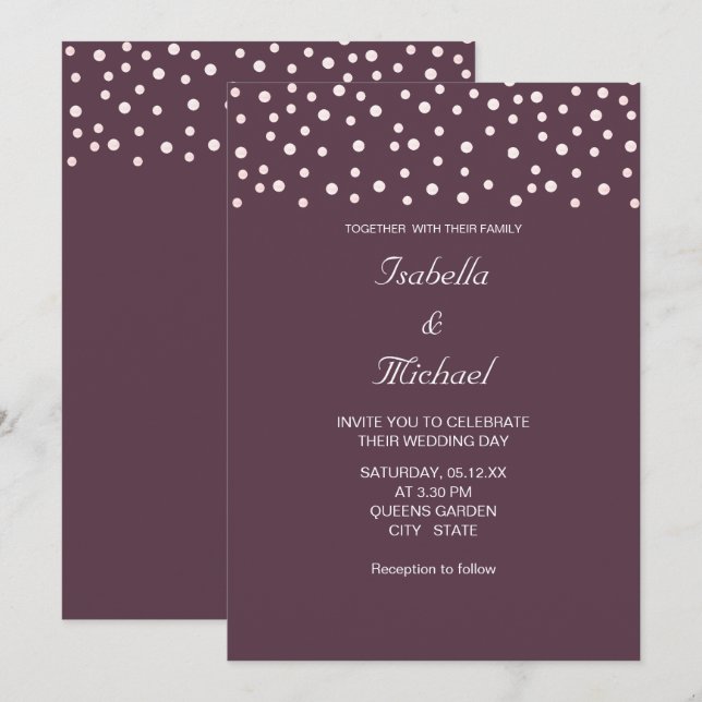 Invitation Perles Chic et Calligraphie sur Mariage Violet Cas (Devant / Derrière)