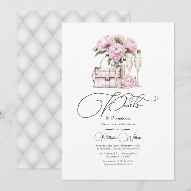 Invitation Perles Chic et Prosecco Fête de Mariage Florale Ro (Devant / Derrière)