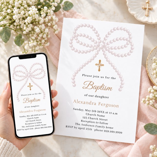 Invitation Perles d'arc rose fille Baptême (Créateur téléchargé)