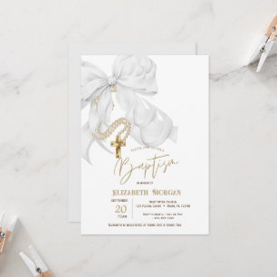 Invitation Perles de baptême à l'aquarelle avec nœud blanc cr