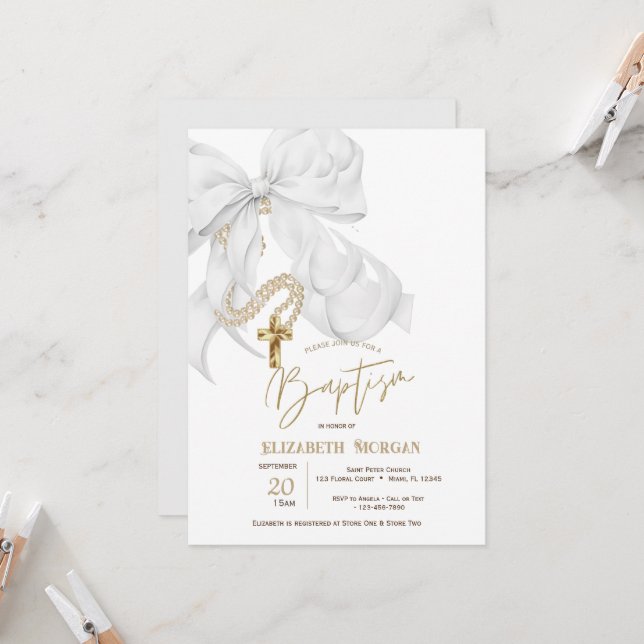 Invitation Perles de baptême à l'aquarelle avec nœud blanc cr (Devant/Arrière en situation)