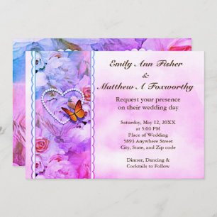 Invitation Perles de coeur Roses roses et papillons Mariage