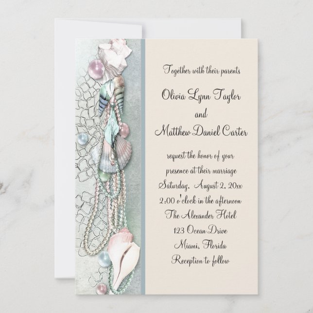 Invitation Perles de Coquillages Mariage de Plage Élégant (Devant)