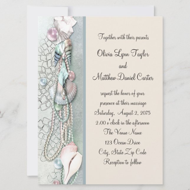 Invitation Perles de Coquillages Mariage de Plage Élégant (Devant)