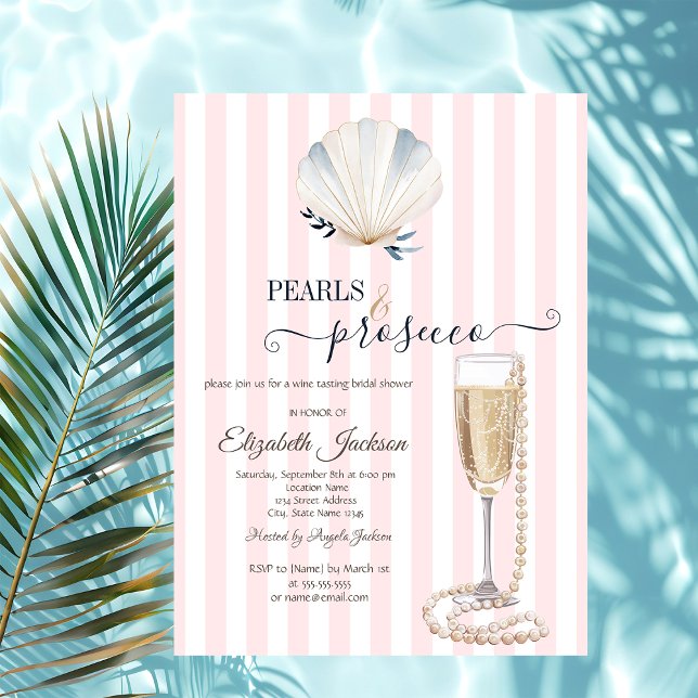 Invitation Perles de Coquillages & Prosecco Rayures Roses (Créateur téléchargé)
