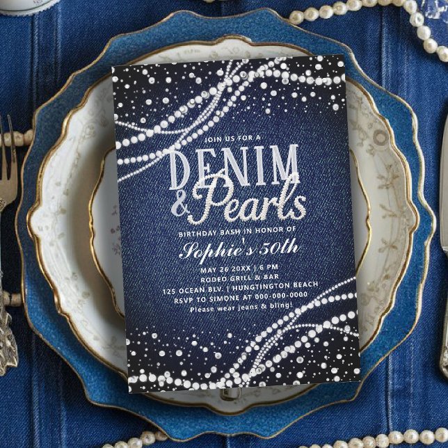 Invitation Perles de Denim Bleu Moderne Élégant 50e Anniversa (denim and pearls birthday party theme 50th for women white and blue elegant modern classy)
