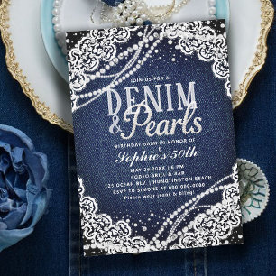 Invitation Perles de Denim Dentelle Élégant Moderne 50e Anniv