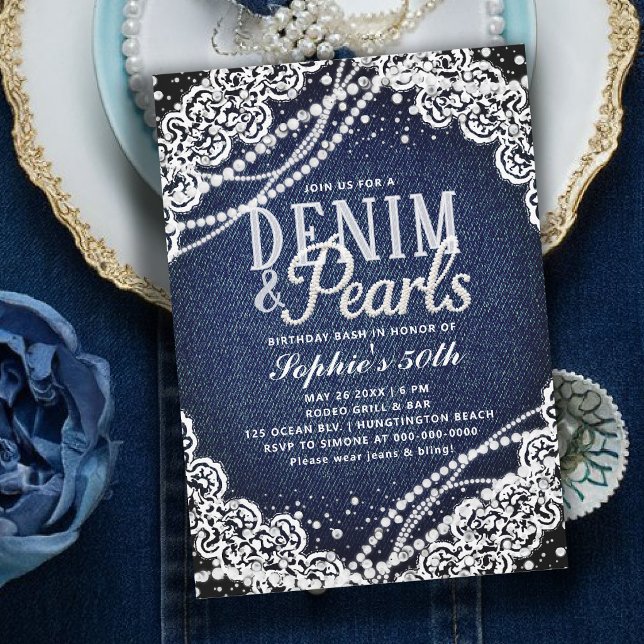 Invitation Perles de Denim Dentelle Élégant Moderne 50e Anniv (denim and pearls birthday party theme 50th for women white lace elegant modern classy)