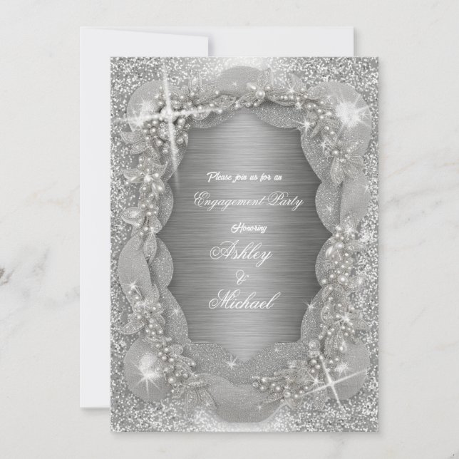 Invitation perles de luxe feuilles d'argent féminin scintilla (Devant)