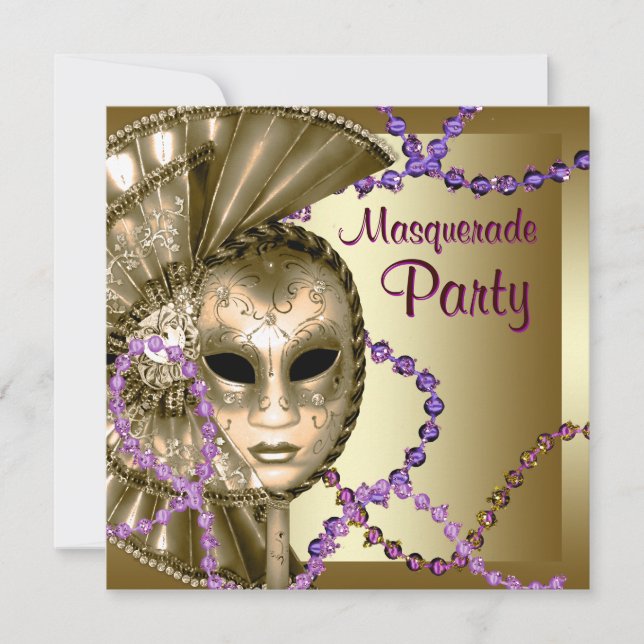 Invitation Perles de Mardi Gras violettes dorées Fête de masq (Devant)
