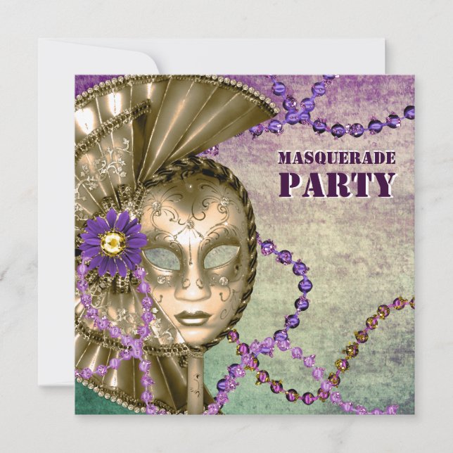 Invitation Perles de Mardi Gras Violettes Vertes Fête de Masc (Devant)