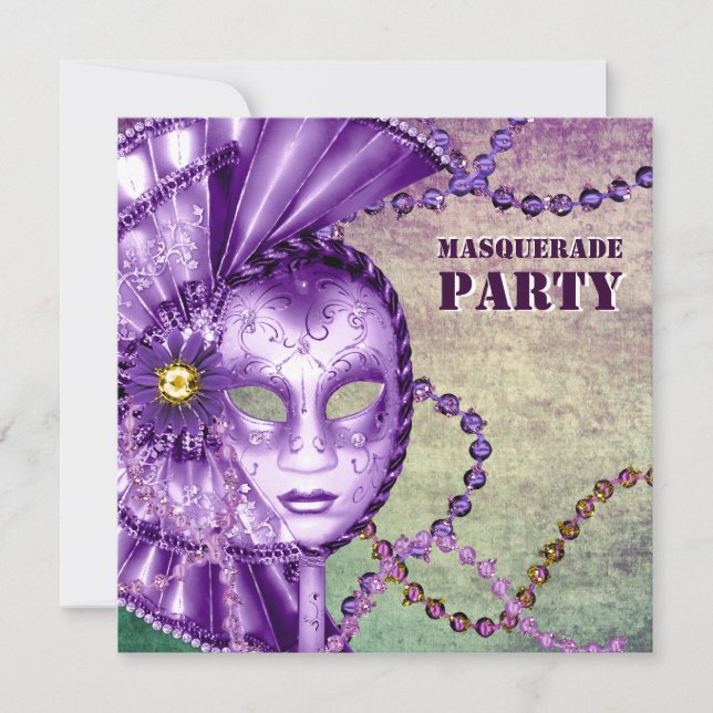 Invitation Perles de Mardi Gras Violettes Vertes Fête de Masc (Devant)
