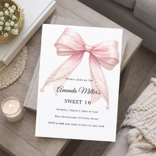 Invitation Perles de nœud rose élégantes Luxe Sweet 16