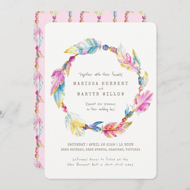 Invitation Perles de plumes Boho aquarelle rose mariage invit (Devant / Derrière)