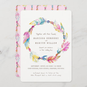 Invitation Perles de plumes Boho aquarelle rose mariage invit