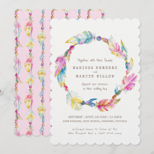 Invitation Perles de plumes Boho aquarelle rose mariage invit
