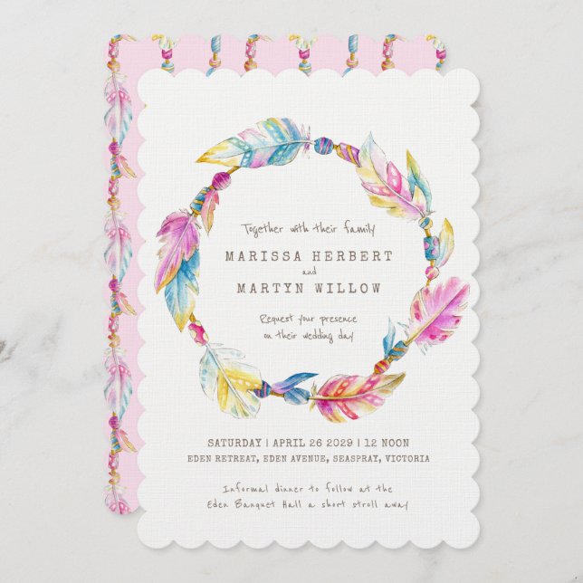 Invitation Perles de plumes Boho aquarelle rose mariage invit (Devant / Derrière)