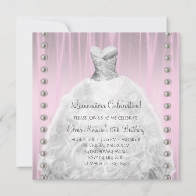 Invitation Perles de robe de soirée rose Quinceanera (Devant)