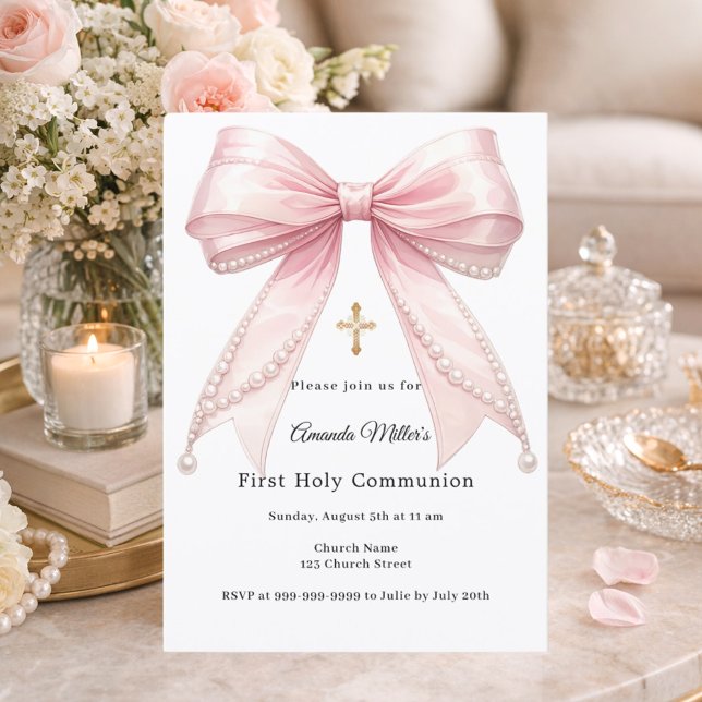 Invitation Perles de ruban rose fille élégante Première Commu (Créateur téléchargé)
