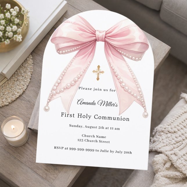 Invitation Perles de ruban rose fille élégante Première Commu (Créateur téléchargé)