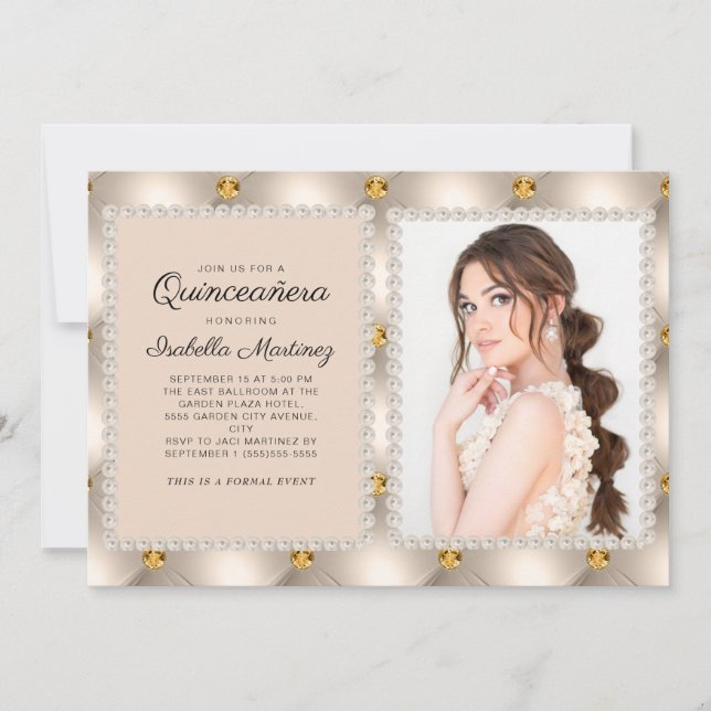 Invitation Perles de Satin Doré Tan Photo Quinceañera (Devant)