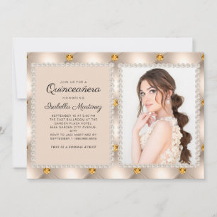 Invitation Perles de Satin Doré Tan Photo Quinceañera