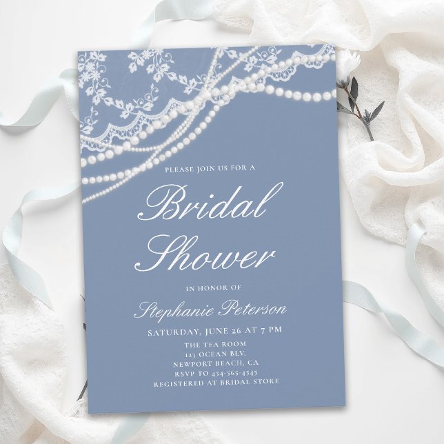 Invitation Perles Dentelle Quelque Chose De Bleu Élégant Ente (lace bridal shower ideas white pearls something blue modern classic traditional elegant invitation)