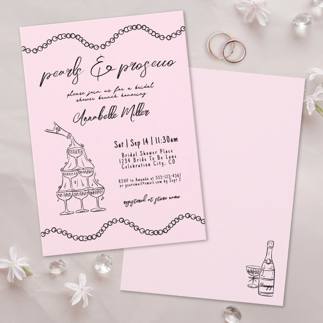 Invitation Perles Dessinées à la Main Fête de Mariage Prosecc (Hand Drawn Pearls Whimsical Prosecco Bridal Shower Invitation)