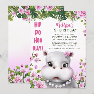 Invitation Perles d'Hippopotame Fille Anniversaire Floral Ros